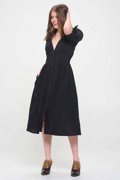 PLUS 3/4 PUFF SLV TEXTURED BUTTON DOWN MIDI DRESS - Pikemla