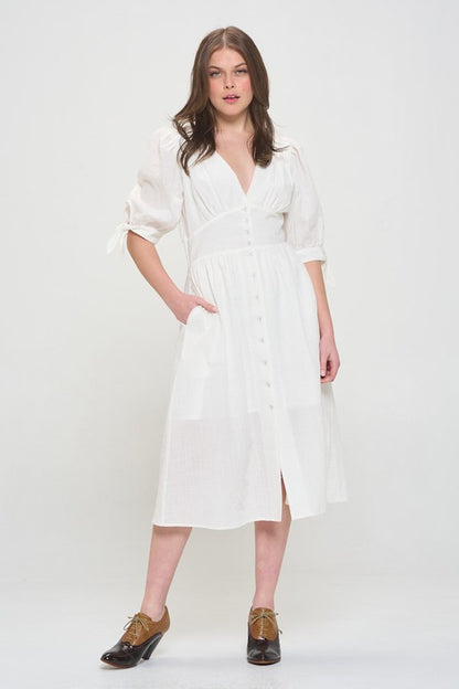 PLUS 3/4 PUFF SLV TEXTURED BUTTON DOWN MIDI DRESS - Pikemla