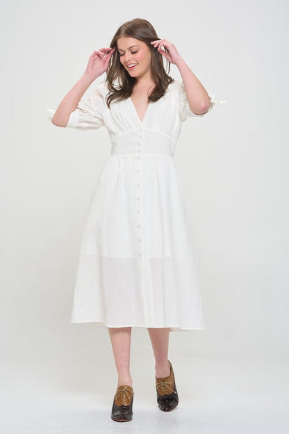 PLUS 3/4 PUFF SLV TEXTURED BUTTON DOWN MIDI DRESS - Pikemla