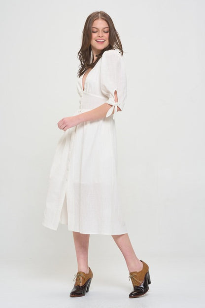 PLUS 3/4 PUFF SLV TEXTURED BUTTON DOWN MIDI DRESS - Pikemla