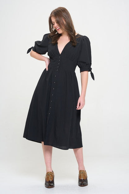 PLUS 3/4 PUFF SLV TEXTURED BUTTON DOWN MIDI DRESS - Pikemla