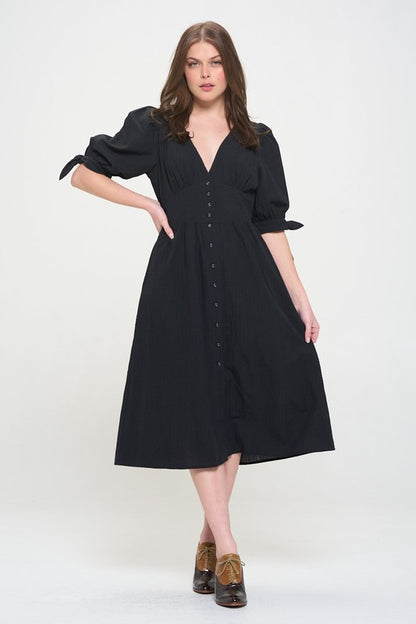 PLUS 3/4 PUFF SLV TEXTURED BUTTON DOWN MIDI DRESS - Pikemla