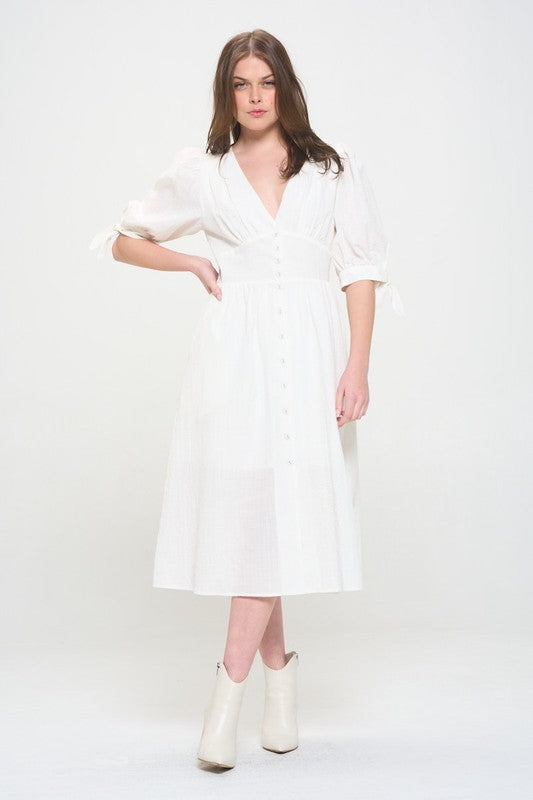 PLUS 3/4 PUFF SLV TEXTURED BUTTON DOWN MIDI DRESS - Pikemla