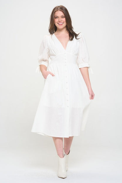 PLUS 3/4 PUFF SLV TEXTURED BUTTON DOWN MIDI DRESS - Pikemla