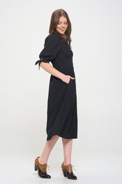 PLUS 3/4 PUFF SLV TEXTURED BUTTON DOWN MIDI DRESS - Pikemla