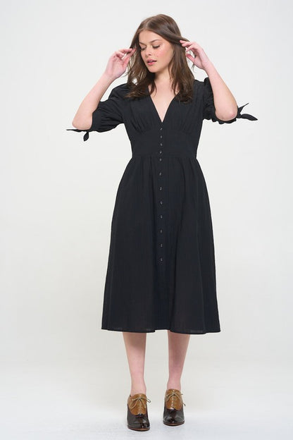 PLUS 3/4 PUFF SLV TEXTURED BUTTON DOWN MIDI DRESS - Pikemla