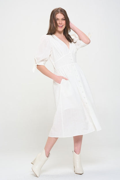 PLUS 3/4 PUFF SLV TEXTURED BUTTON DOWN MIDI DRESS - Pikemla