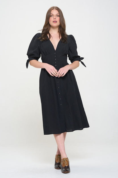 PLUS 3/4 PUFF SLV TEXTURED BUTTON DOWN MIDI DRESS - Pikemla