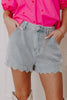 Dusk Blue Scalloped Hemline Acid Wash High Waist Denim Shorts - Pikemla