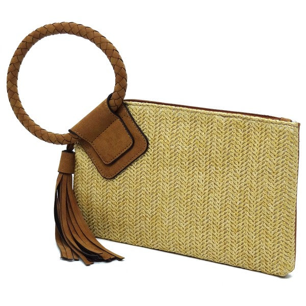 Straw Cuff Handle Tassel Wristlet Clutch - Pikemla