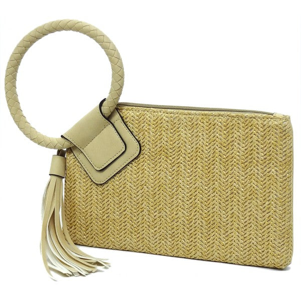 Straw Cuff Handle Tassel Wristlet Clutch - Pikemla