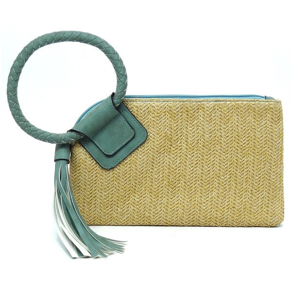 Straw Cuff Handle Tassel Wristlet Clutch - Pikemla