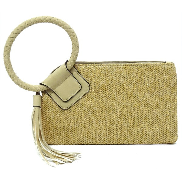 Straw Cuff Handle Tassel Wristlet Clutch - Pikemla