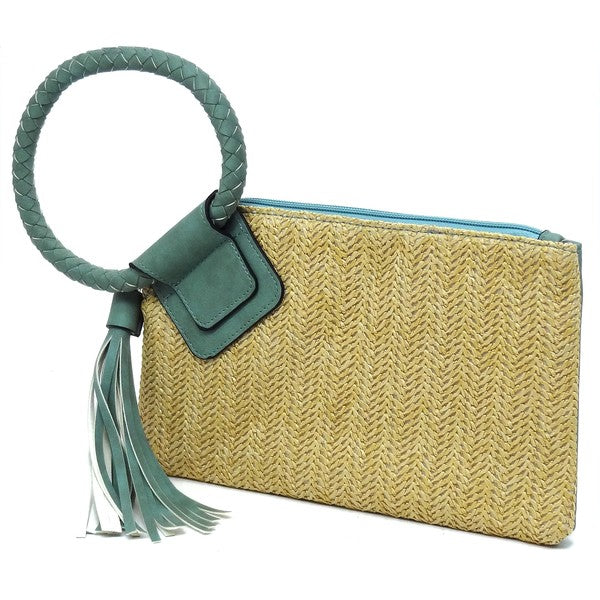 Straw Cuff Handle Tassel Wristlet Clutch - Pikemla