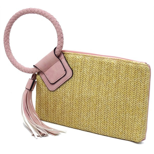 Straw Cuff Handle Tassel Wristlet Clutch - Pikemla