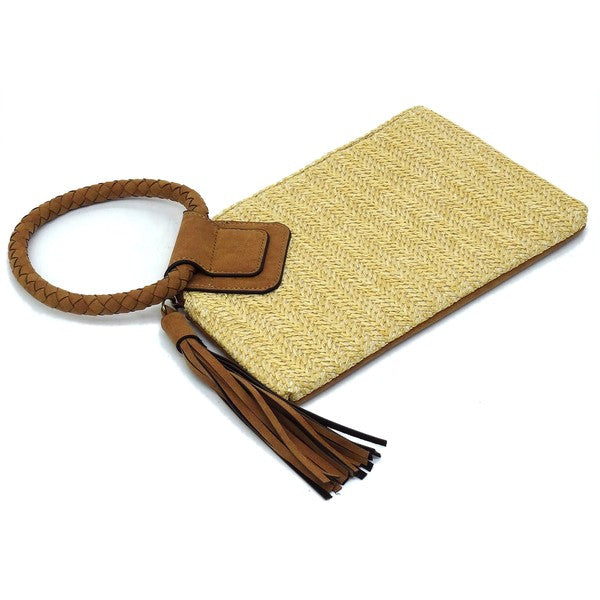 Straw Cuff Handle Tassel Wristlet Clutch - Pikemla