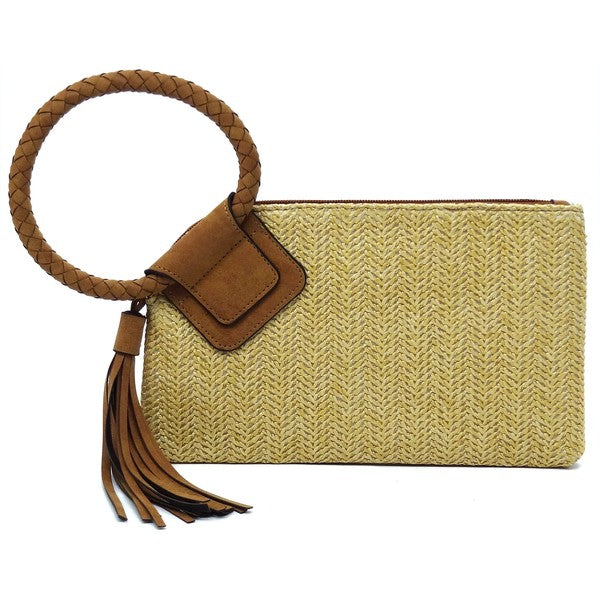 Straw Cuff Handle Tassel Wristlet Clutch - Pikemla