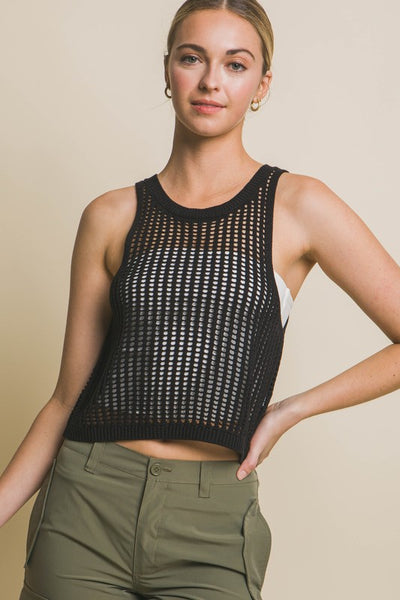 Sleeveless Open Knit Crop Top - Pikemla