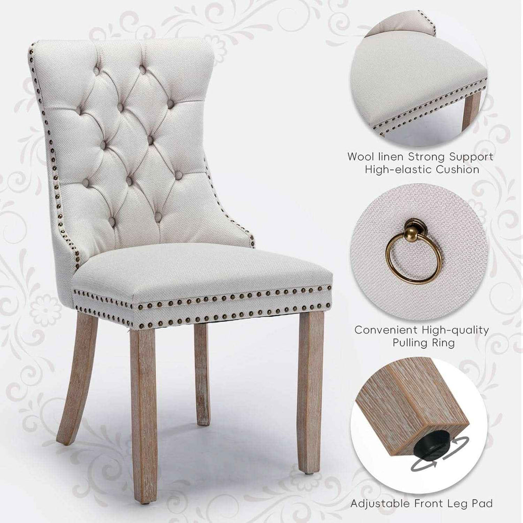 Beige Linen Dining Chairs Set Of 4 With Nailhead Trim