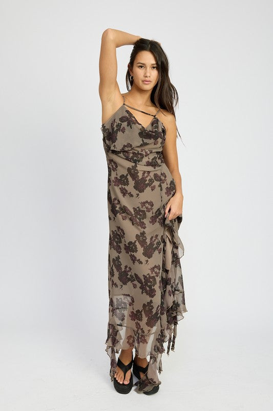 FLORAL RUFFLE MAXI DRESS - Pikemla