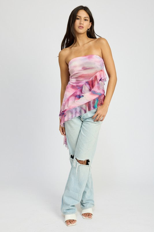 ASYMMETRICAL RUFFLE HEM TUBE TOP - Pikemla