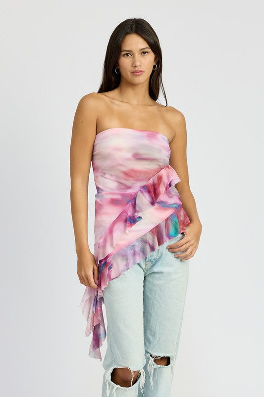 ASYMMETRICAL RUFFLE HEM TUBE TOP