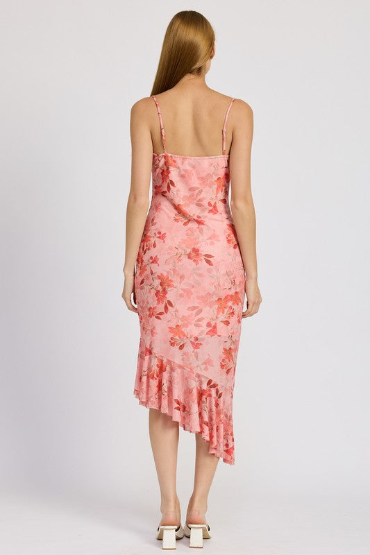 FLORAL ASYMMETRICAL DRESS WITH RUFFLE DETAIL - Pikemla