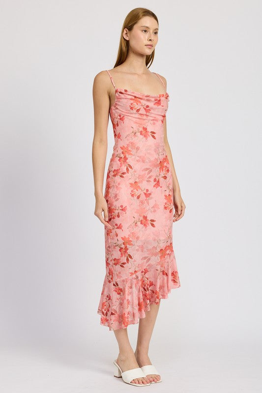 FLORAL ASYMMETRICAL DRESS WITH RUFFLE DETAIL - Pikemla