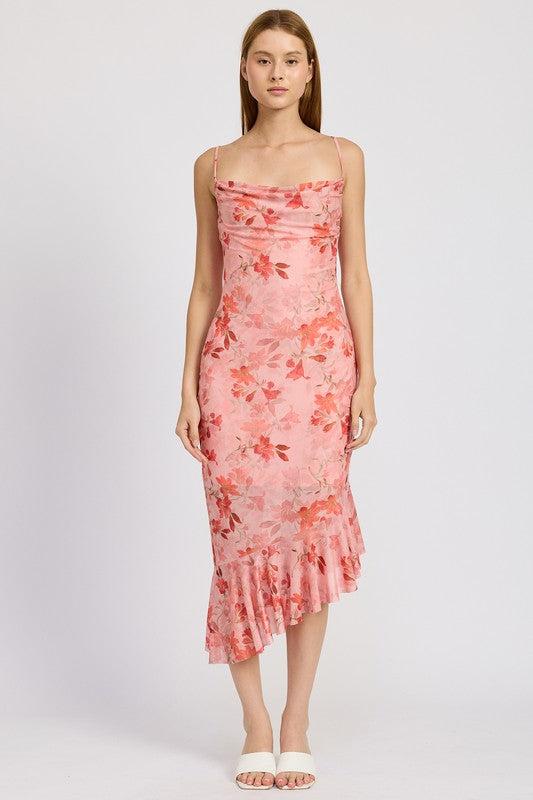 FLORAL ASYMMETRICAL DRESS WITH RUFFLE DETAIL - Pikemla