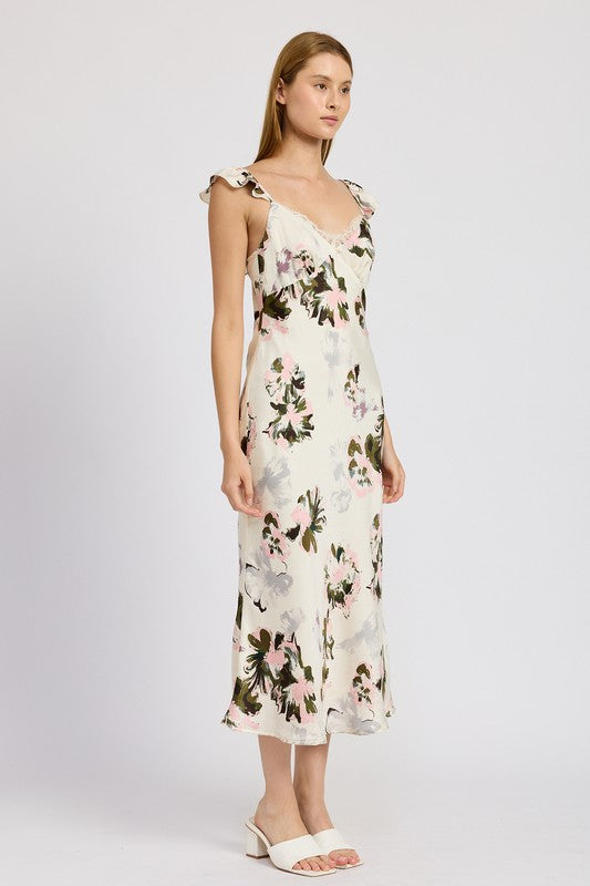 FLORAL MIDI DRESS WITH LACE DETAIL - Pikemla