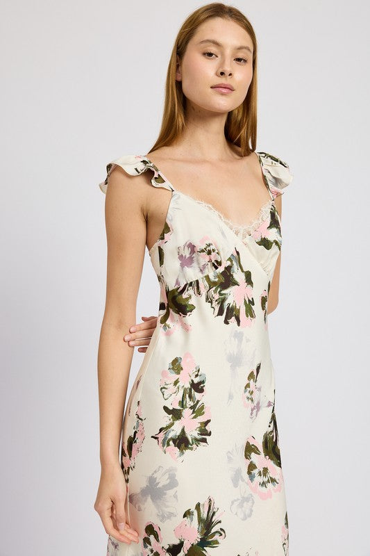 FLORAL MIDI DRESS WITH LACE DETAIL - Pikemla