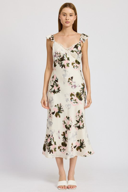 FLORAL MIDI DRESS WITH LACE DETAIL - Pikemla