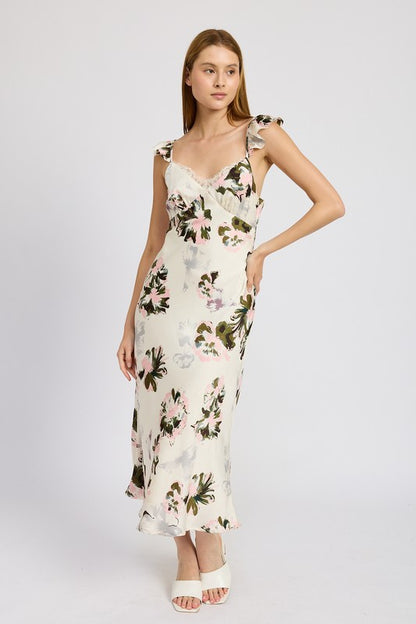 FLORAL MIDI DRESS WITH LACE DETAIL - Pikemla