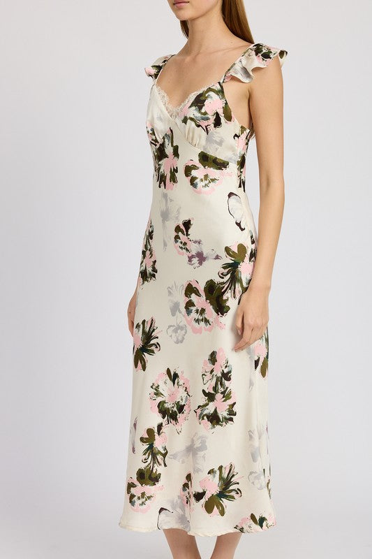 FLORAL MIDI DRESS WITH LACE DETAIL - Pikemla