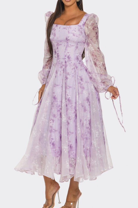 Lavender Blossom Puff Sleeve Dress - Pikemla
