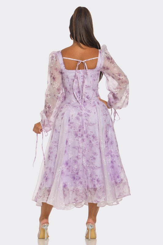 Lavender Blossom Puff Sleeve Dress - Pikemla
