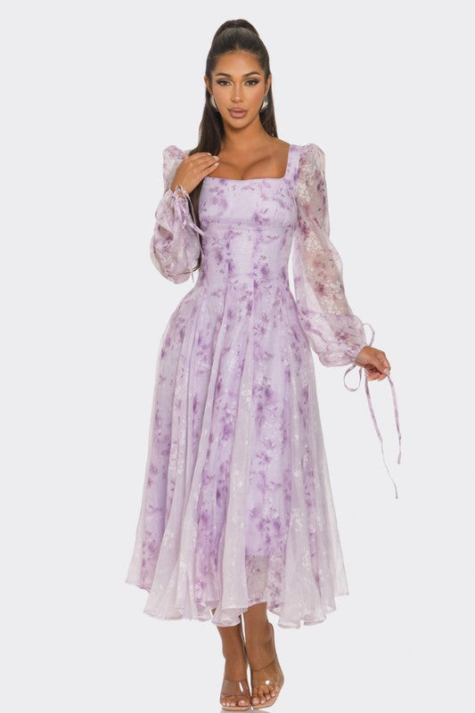 Lavender Blossom Puff Sleeve Dress - Pikemla