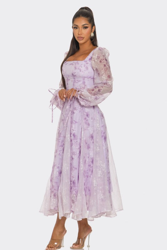 Lavender Blossom Puff Sleeve Dress - Pikemla