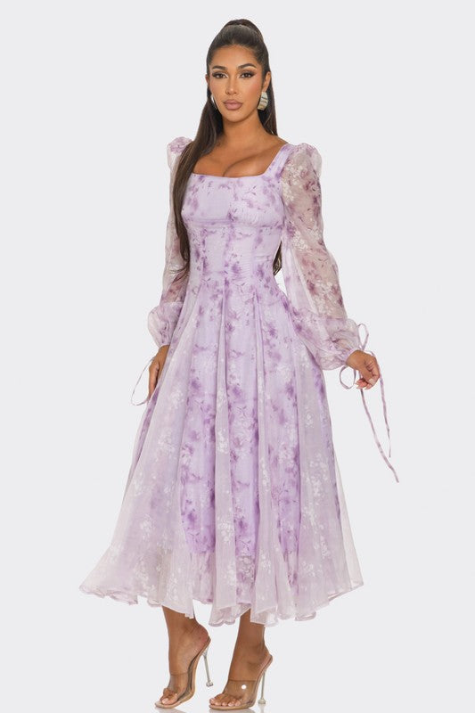 Lavender Blossom Puff Sleeve Dress - Pikemla