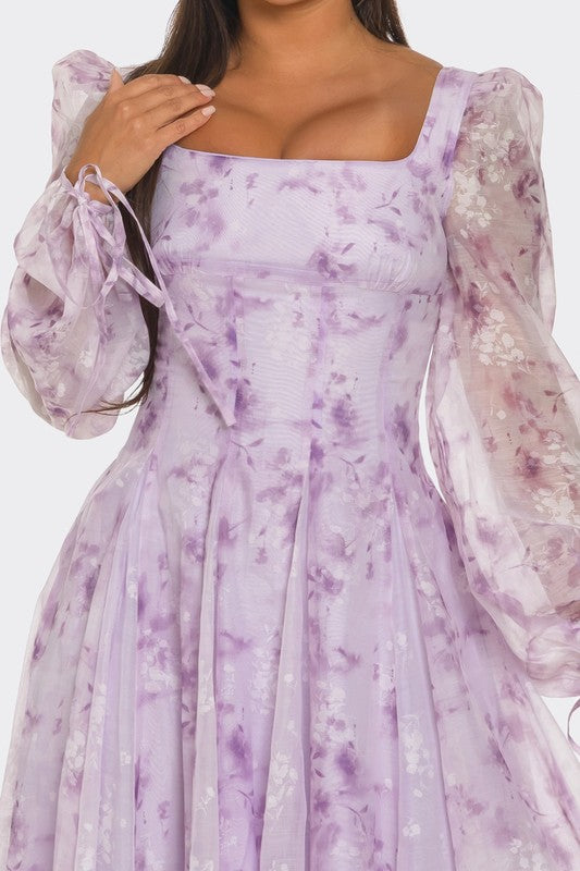 Lavender Blossom Puff Sleeve Dress - Pikemla