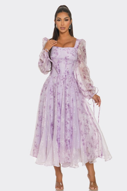 Lavender Blossom Puff Sleeve Dress - Pikemla