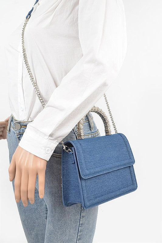 Silver Top Handle Denim Swing Bag - Pikemla