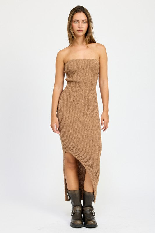 ASYMMETRICAL RIBBED MAXI TUBE DRESS - Pikemla