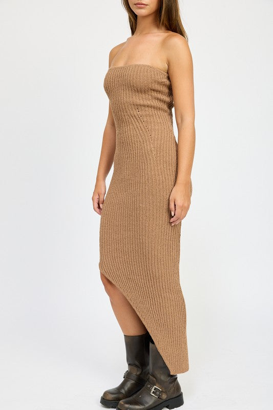 ASYMMETRICAL RIBBED MAXI TUBE DRESS - Pikemla