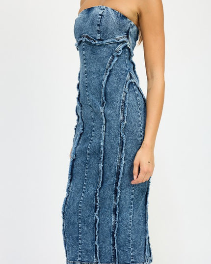 Frayed Denim Midi Dress - Pikemla