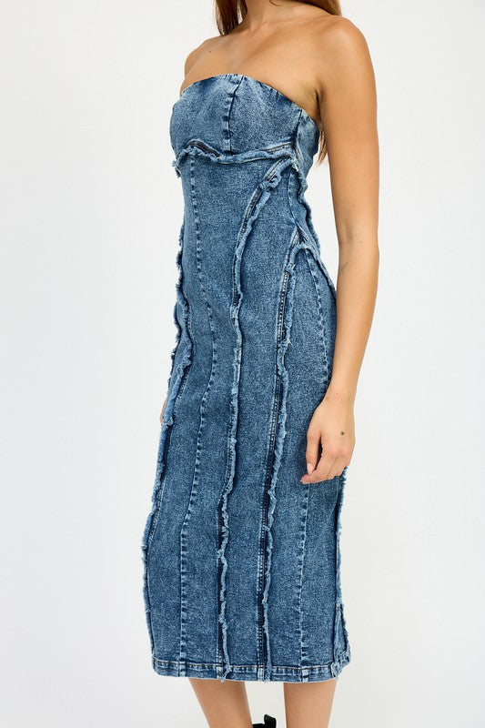 Frayed Denim Midi Dress - Pikemla