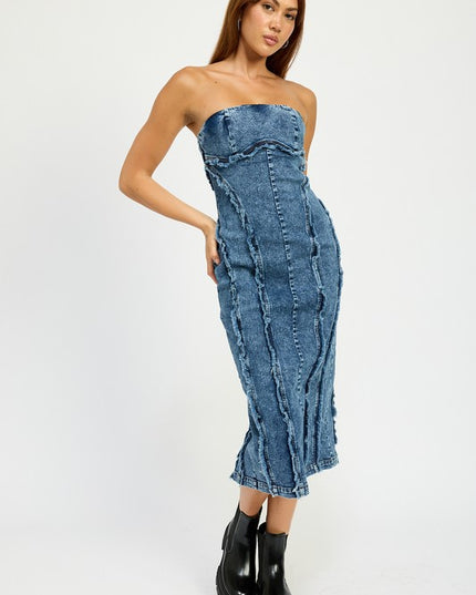 Frayed Denim Midi Dress - Pikemla