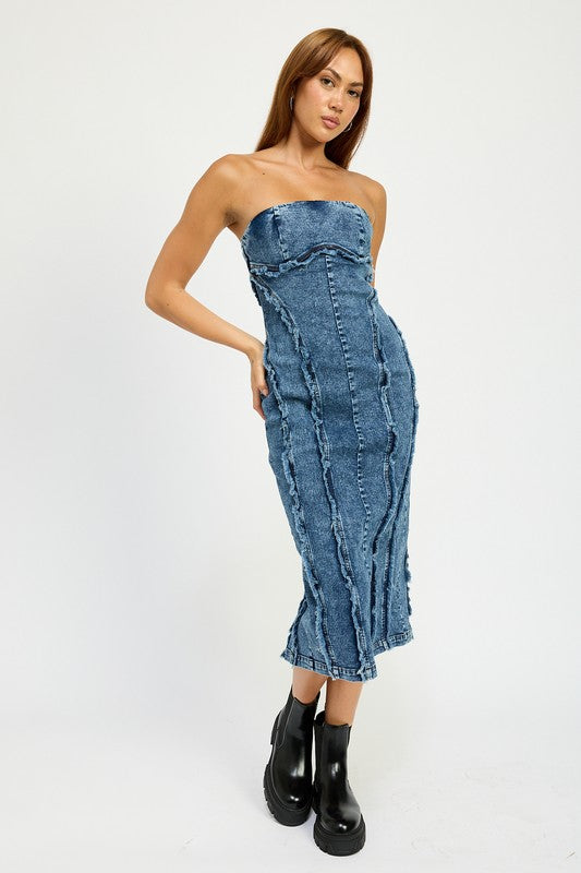 Frayed Denim Midi Dress - Pikemla