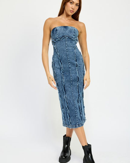 Frayed Denim Midi Dress - Pikemla