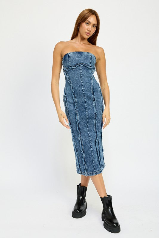 Frayed Denim Midi Dress - Pikemla